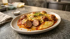 Zapečené masové kuličky v rajčatové omáčce se sýrem – s bramborovou kaší