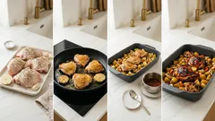 Kuřecí stehna z jednoho pekáče: brambory a zelenina v medovo-sójové glazuře