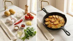 Brambory s vejci na pánvi: rychlá večeře s jogurtem, rajčaty a mozzarellou