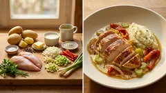 Krémové kuřecí plátky se zeleninou: jednoduchá smetanová omáčka a česneková kaše