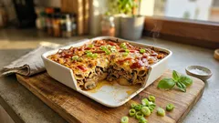 Zapečené těstoviny s mletým masem a houbami: šťavnatá večeře z jednoho pekáče