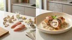 Kuřecí prsa plněná žampiony a mozzarellou v krémové česnekové omáčce