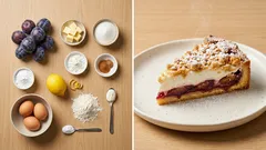 Zlatavý švestkový dort se smetanovým krémem a sněhem – s křupavou drobenkou navrch