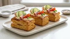 Křupavé věžičky z listového těsta: rychlá slaná chuťovka s pomazánkou a šunkou