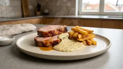 Pečená krkovice z trouby s hořčičnou omáčkou a domácími hranolky – jednoduchý postup