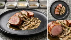 Vepřová panenka ve slanině s krémovým ragú z hlívy: hotové za chvíli